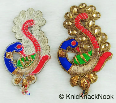 Cutwork Peacock Applique, Embroidered Peacock Applique with Bead Embellishments Blue, Green